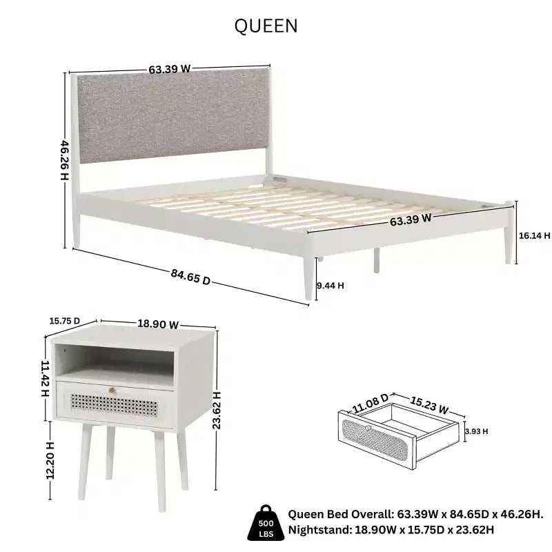 Ensemble de chambre à coucher Roundhill Furniture Feeney 2 pièces, lit plateforme avec table de chevet, blanc crème, grand lit