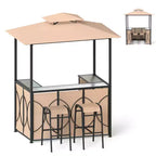 Costway Kit Tonnelle de Barbecue 6,5 x 4 x 8 FT avec 2 Tabourets de Bar, Table de Bar en Verre Trempé Marron/Gris