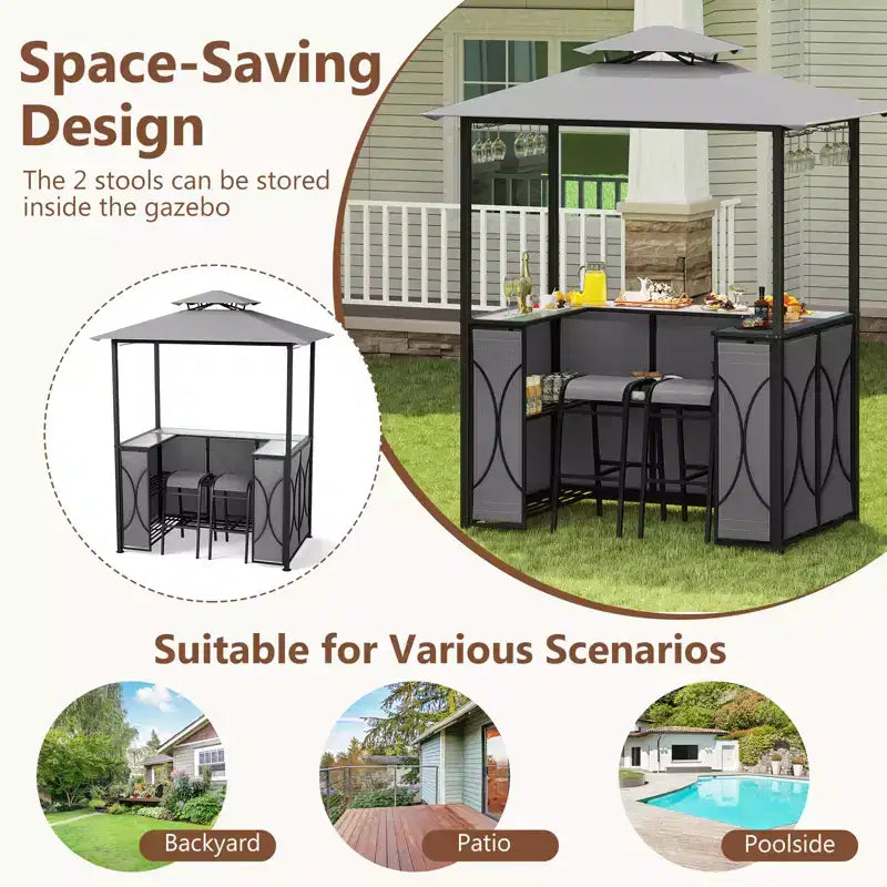 Costway Kit Tonnelle de Barbecue 6,5 x 4 x 8 FT avec 2 Tabourets de Bar, Table de Bar en Verre Trempé Marron/Gris