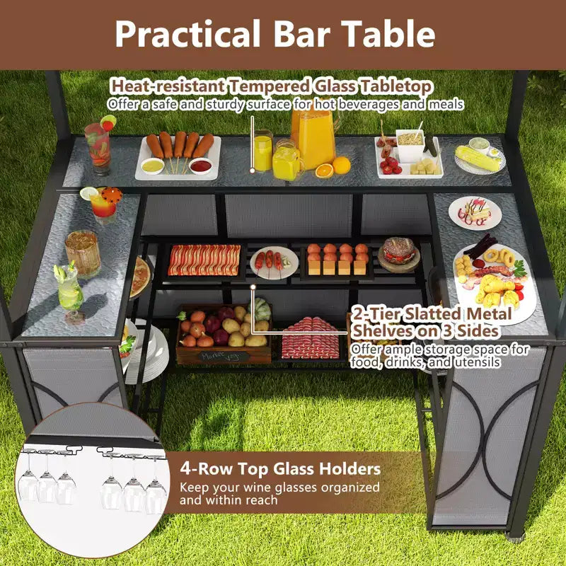 Costway Kit Tonnelle de Barbecue 6,5 x 4 x 8 FT avec 2 Tabourets de Bar, Table de Bar en Verre Trempé Marron/Gris