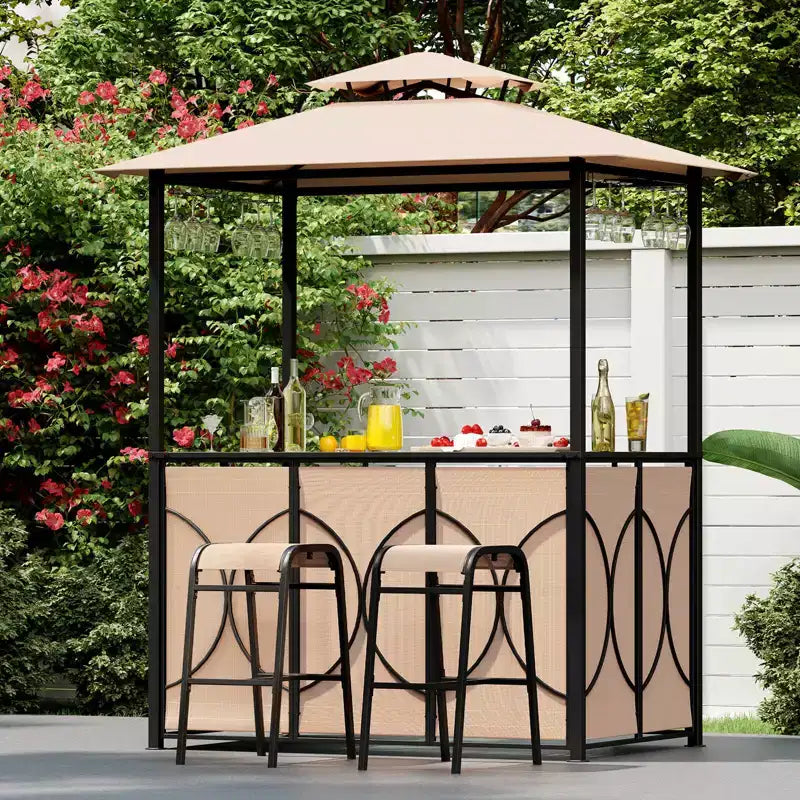 Costway Kit Tonnelle de Barbecue 6,5 x 4 x 8 FT avec 2 Tabourets de Bar, Table de Bar en Verre Trempé Marron/Gris