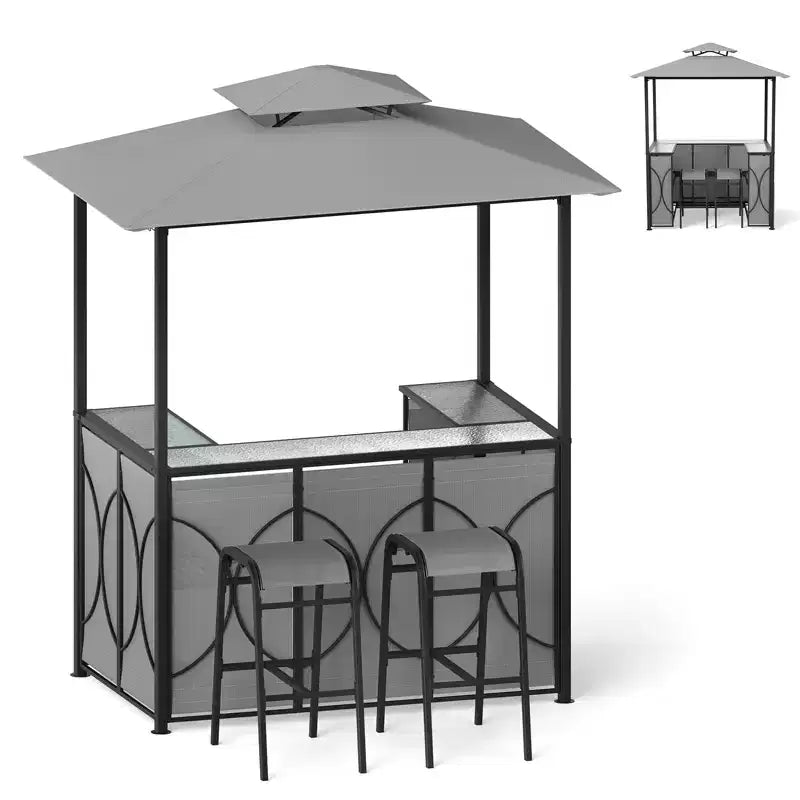 Costway Kit Tonnelle de Barbecue 6,5 x 4 x 8 FT avec 2 Tabourets de Bar, Table de Bar en Verre Trempé Marron/Gris