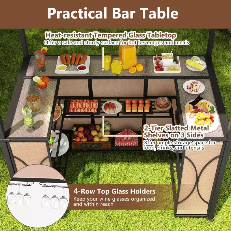 Costway Kit Tonnelle de Barbecue 6,5 x 4 x 8 FT avec 2 Tabourets de Bar, Table de Bar en Verre Trempé Marron/Gris