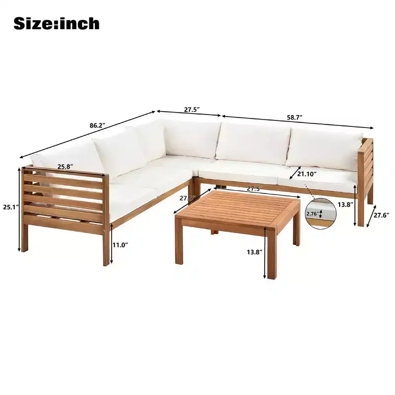 Canapé d'angle de conversation Whisen Patio, ensemble canapé d'extérieur en bois d'acacia, salon de jardin avec table basse et coussins résistants à l'eau