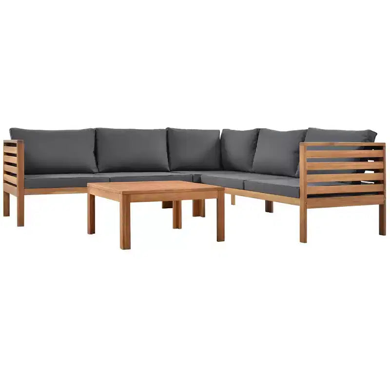 Canapé d'angle de conversation Whisen Patio, ensemble canapé d'extérieur en bois d'acacia, salon de jardin avec table basse et coussins résistants à l'eau