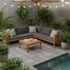 Canapé d'angle de conversation Whisen Patio, ensemble canapé d'extérieur en bois d'acacia, salon de jardin avec table basse et coussins résistants à l'eau