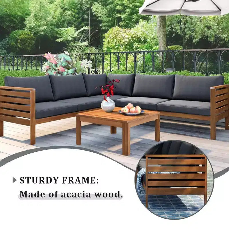 Canapé d'angle de conversation Whisen Patio, ensemble canapé d'extérieur en bois d'acacia, salon de jardin avec table basse et coussins résistants à l'eau