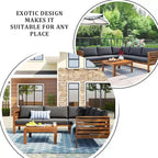Canapé d'angle de conversation Whisen Patio, ensemble canapé d'extérieur en bois d'acacia, salon de jardin avec table basse et coussins résistants à l'eau