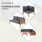 Canapé d'angle de conversation Whisen Patio, ensemble canapé d'extérieur en bois d'acacia, salon de jardin avec table basse et coussins résistants à l'eau