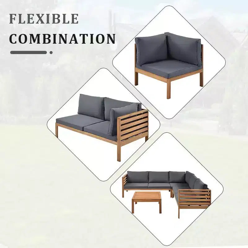 Canapé d'angle de conversation Whisen Patio, ensemble canapé d'extérieur en bois d'acacia, salon de jardin avec table basse et coussins résistants à l'eau