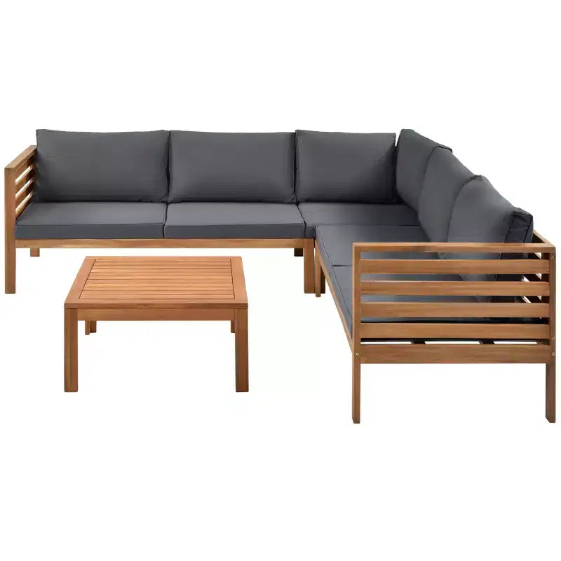 Canapé d'angle de conversation Whisen Patio, ensemble canapé d'extérieur en bois d'acacia, salon de jardin avec table basse et coussins résistants à l'eau
