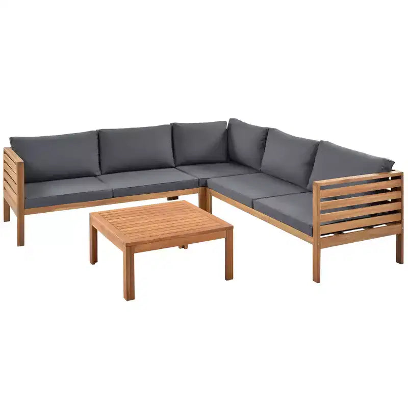 Canapé d'angle de conversation Whisen Patio, ensemble canapé d'extérieur en bois d'acacia, salon de jardin avec table basse et coussins résistants à l'eau