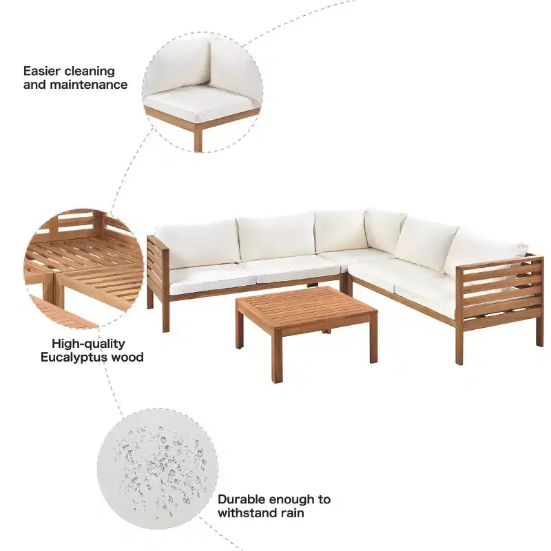 Canapé d'angle de conversation Whisen Patio, ensemble canapé d'extérieur en bois d'acacia, salon de jardin avec table basse et coussins résistants à l'eau