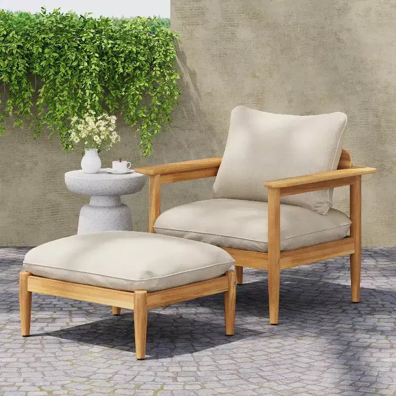 Christopher Knight Home Kate Ensemble Fauteuil et Ottoman de Patio en Bois d'Acacia avec Coussins Résistants à l'Eau