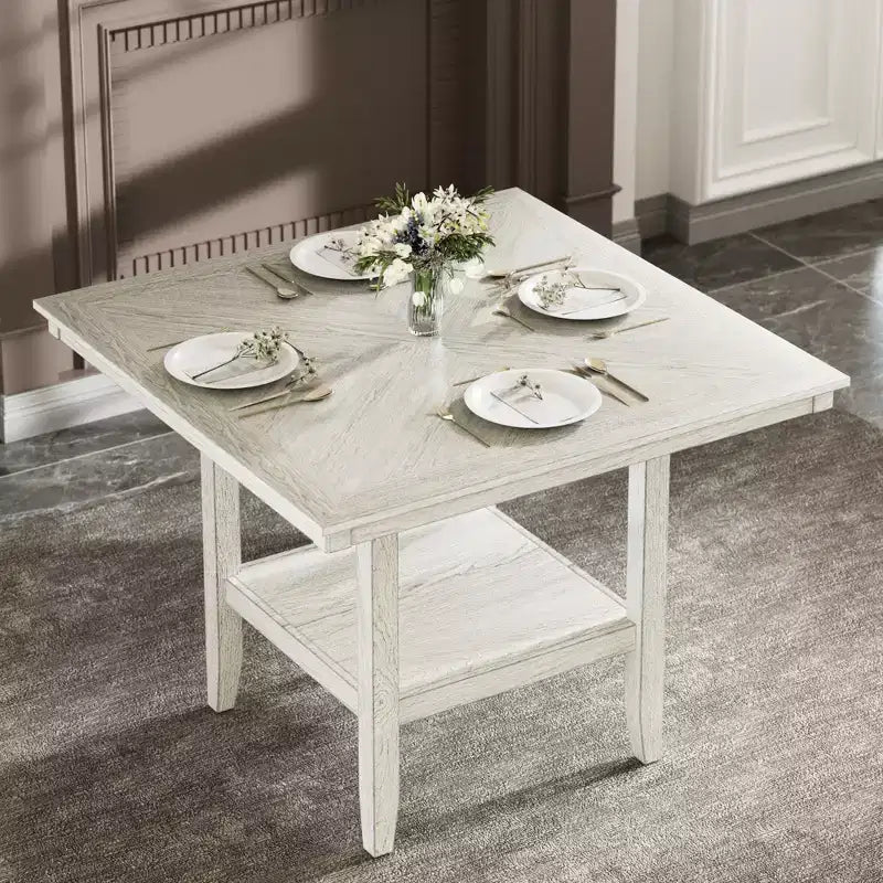 VECELO Ensemble de salle à manger rustique 5 pièces, table carrée en bois d'hévéa avec étagère et 4 chaises de salle à manger sans accoudoirs rembourrées pour la cuisine, Gris
