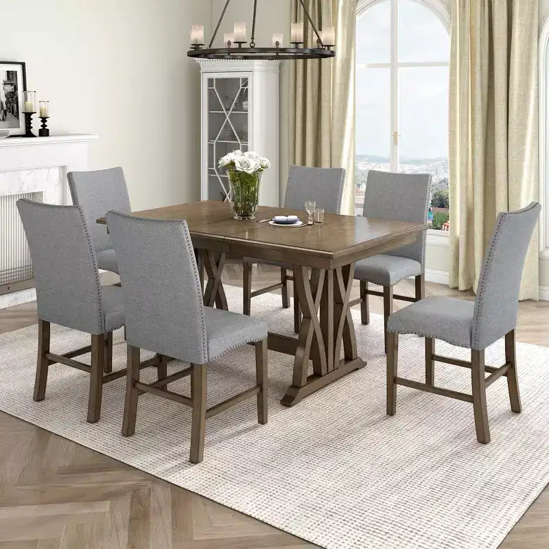7 PCS Extendable Dining Set for 6, Dining Table Set with 6 Upholstered Dining Chairs, Mid-Century Style, Golden Brown+Gray-ModernLuxe