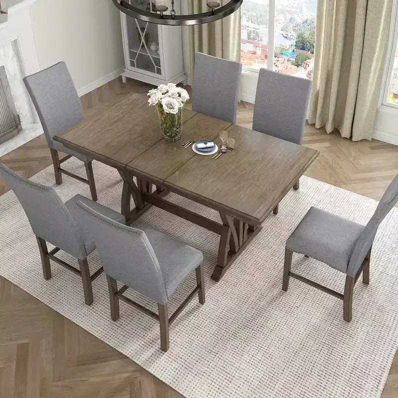 Ensemble de salle à manger extensible 7 pièces pour 6 personnes, ensemble de table à manger avec 6 chaises de salle à manger rembourrées, style Mid-Century, marron doré + gris-ModernLuxe
