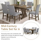 Ensemble de salle à manger extensible 7 pièces pour 6 personnes, ensemble de table à manger avec 6 chaises de salle à manger rembourrées, style Mid-Century, marron doré + gris-ModernLuxe