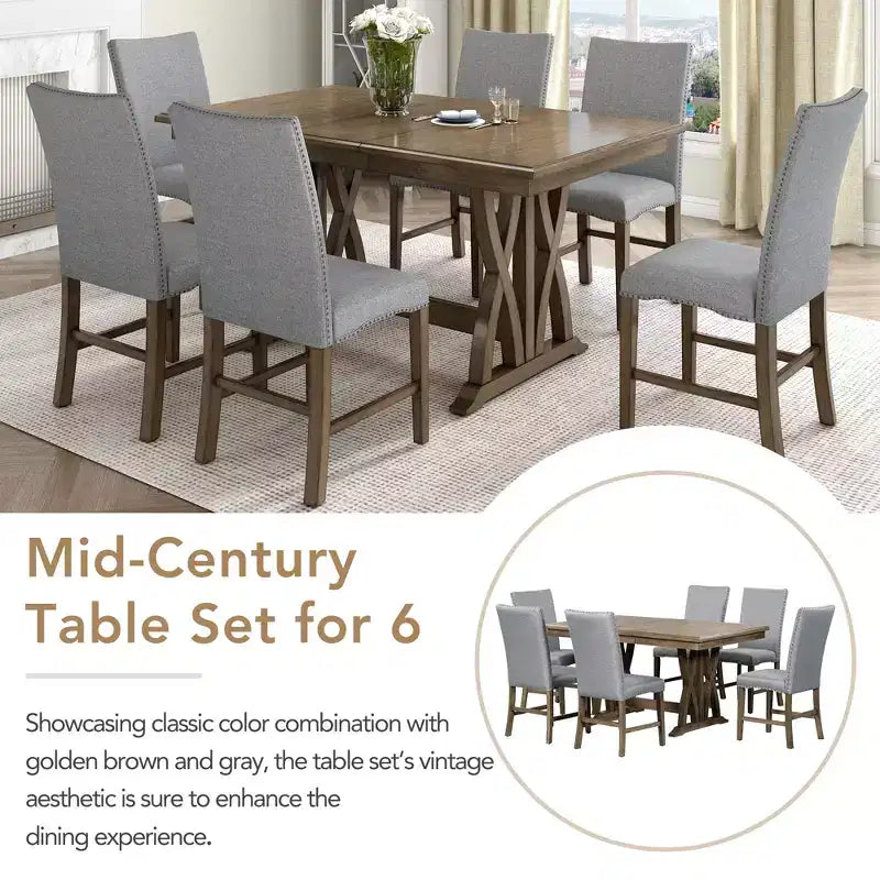 Ensemble de salle à manger extensible 7 pièces pour 6 personnes, ensemble de table à manger avec 6 chaises de salle à manger rembourrées, style Mid-Century, marron doré + gris-ModernLuxe