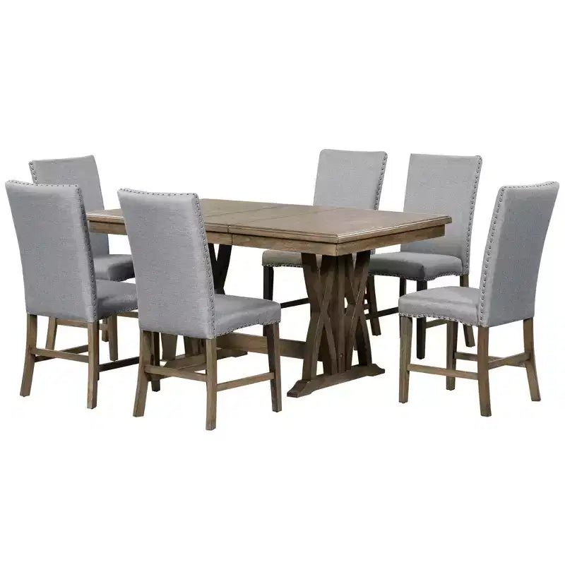 Ensemble de salle à manger extensible 7 pièces pour 6 personnes, ensemble de table à manger avec 6 chaises de salle à manger rembourrées, style Mid-Century, marron doré + gris-ModernLuxe