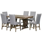 Ensemble de salle à manger extensible 7 pièces pour 6 personnes, ensemble de table à manger avec 6 chaises de salle à manger rembourrées, style Mid-Century, marron doré + gris-ModernLuxe