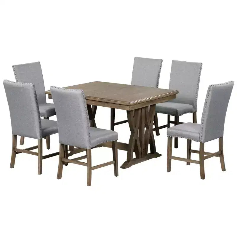 Ensemble de salle à manger extensible 7 pièces pour 6 personnes, ensemble de table à manger avec 6 chaises de salle à manger rembourrées, style Mid-Century, marron doré + gris-ModernLuxe