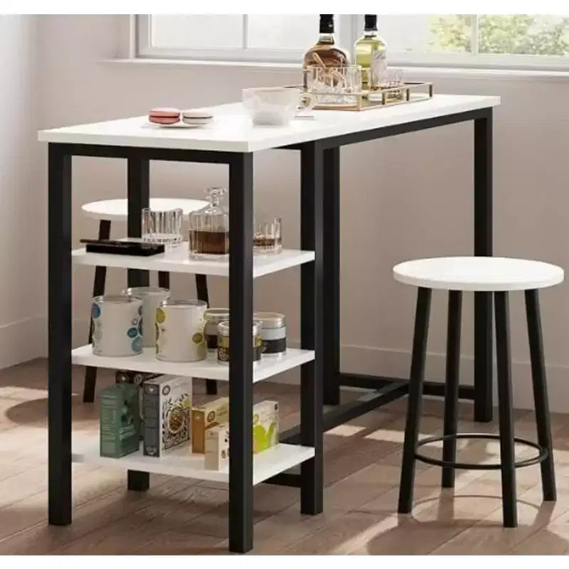 Table et Chaises Hautes pour 2 Personnes, Petite Table Haute de Cuisine pour 2 Places, 3 Grandes Étagères de Rangement Gain de Place