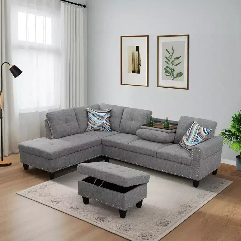 3-Piece Set Of Brown Grey Linen Combination Sofa L-Shaped Living Room Sofa