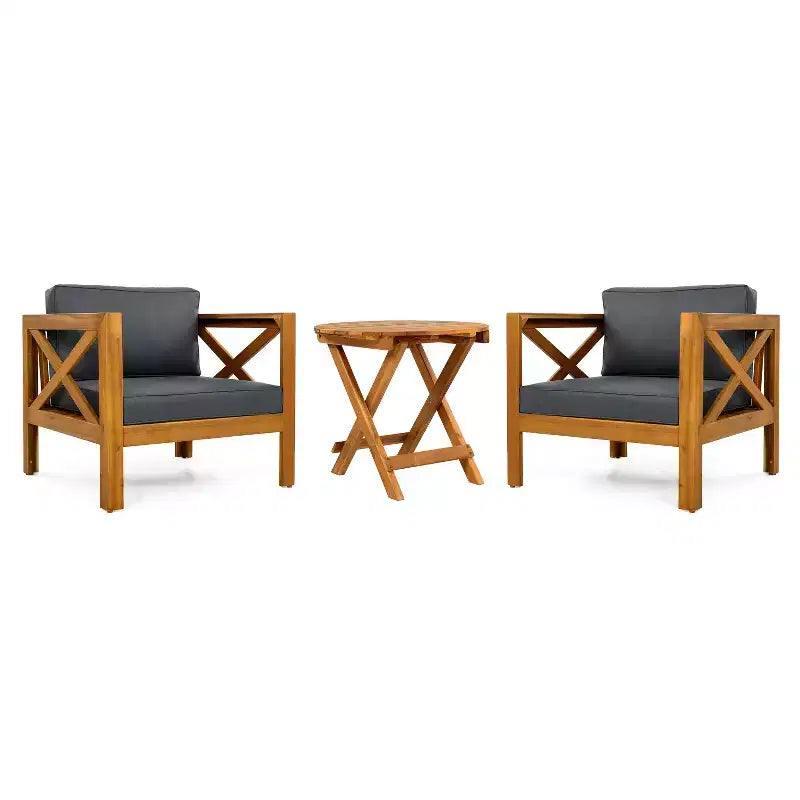 Christopher Knight Home Cedric – Ensemble 3 pièces de chaises de club de patio de style transitionnel en bois d'acacia avec table d'appoint pliable
