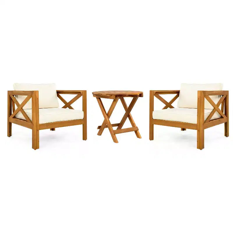 Christopher Knight Home Cedric – Ensemble 3 pièces de chaises de club de patio de style transitionnel en bois d'acacia avec table d'appoint pliable