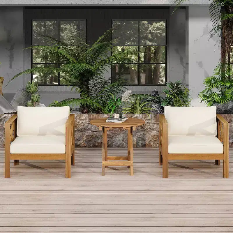 Christopher Knight Home Cedric Transitional 3 Piece Patio Acacia Wood Club Chairs with Foldable Accent Table