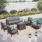 ALAULM Ensemble de mobilier de patio en aluminium 7 places, salons de conversation d'extérieur en métal modernes avec table brasero au propane de 45 pouces