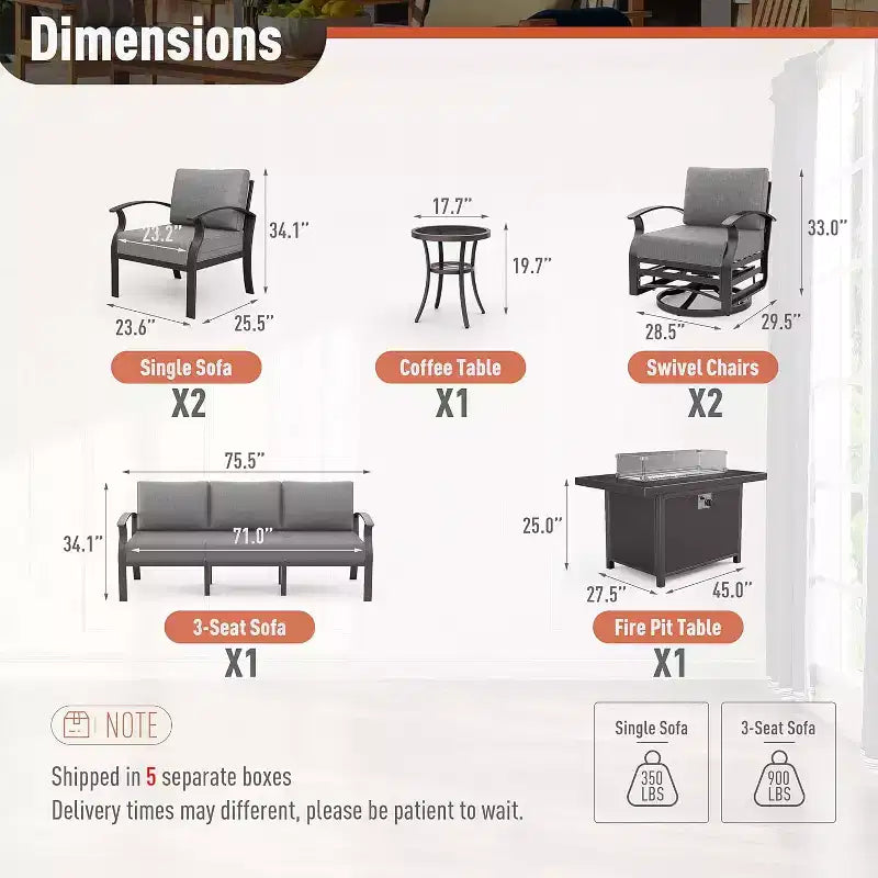 ALAULM Ensemble de mobilier de patio en aluminium 7 places, salons de conversation d'extérieur en métal modernes avec table brasero au propane de 45 pouces
