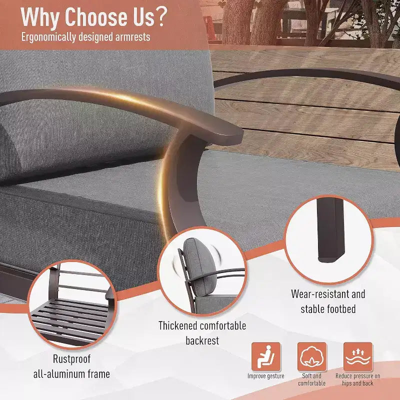 ALAULM Ensemble de mobilier de patio en aluminium 7 places, salons de conversation d'extérieur en métal modernes avec table brasero au propane de 45 pouces