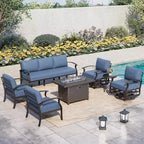 ALAULM Ensemble de mobilier de patio en aluminium 7 places, salons de conversation d'extérieur en métal modernes avec table brasero au propane de 45 pouces
