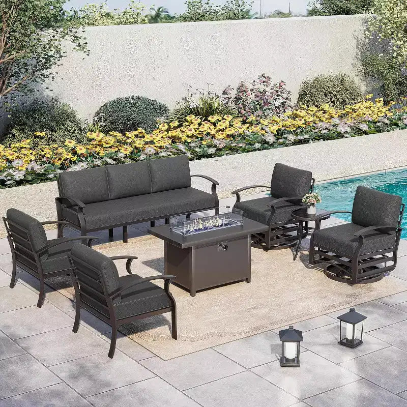 ALAULM Ensemble de mobilier de patio en aluminium 7 places, salons de conversation d'extérieur en métal modernes avec table brasero au propane de 45 pouces