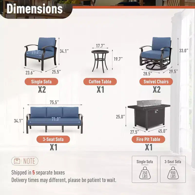 ALAULM Ensemble de mobilier de patio en aluminium 7 places, salons de conversation d'extérieur en métal modernes avec table brasero au propane de 45 pouces