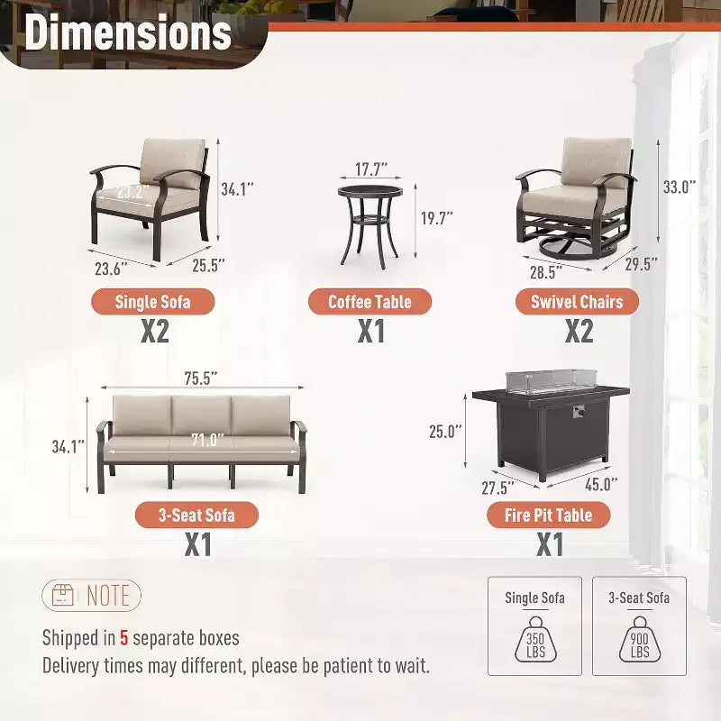 ALAULM Ensemble de mobilier de patio en aluminium 7 places, salons de conversation d'extérieur en métal modernes avec table brasero au propane de 45 pouces
