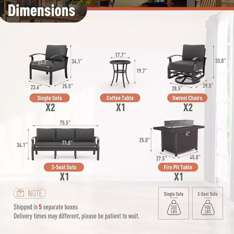 ALAULM Ensemble de mobilier de patio en aluminium 7 places, salons de conversation d'extérieur en métal modernes avec table brasero au propane de 45 pouces