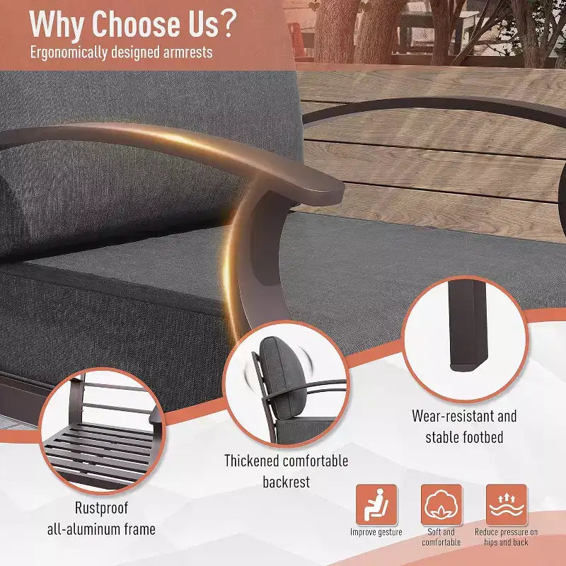 ALAULM Ensemble de mobilier de patio en aluminium 7 places, salons de conversation d'extérieur en métal modernes avec table brasero au propane de 45 pouces