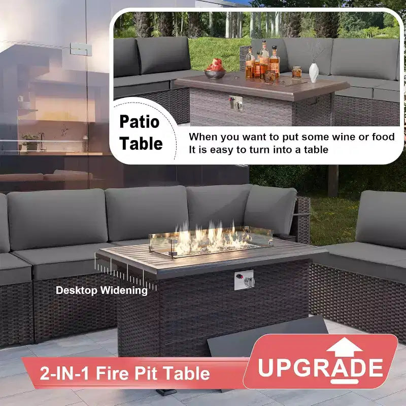 ALAULM Ensemble de mobilier de jardin 14 pièces en rotin, salon de jardin d'extérieur, ensemble de canapés avec table foyer au propane de 43 pouces