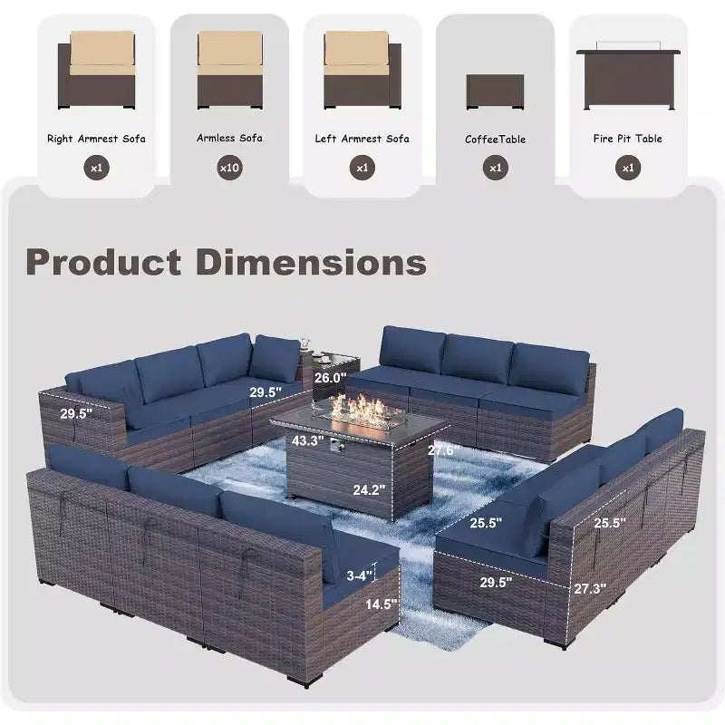 ALAULM Ensemble de mobilier de jardin 14 pièces en rotin, salon de jardin d'extérieur, ensemble de canapés avec table foyer au propane de 43 pouces