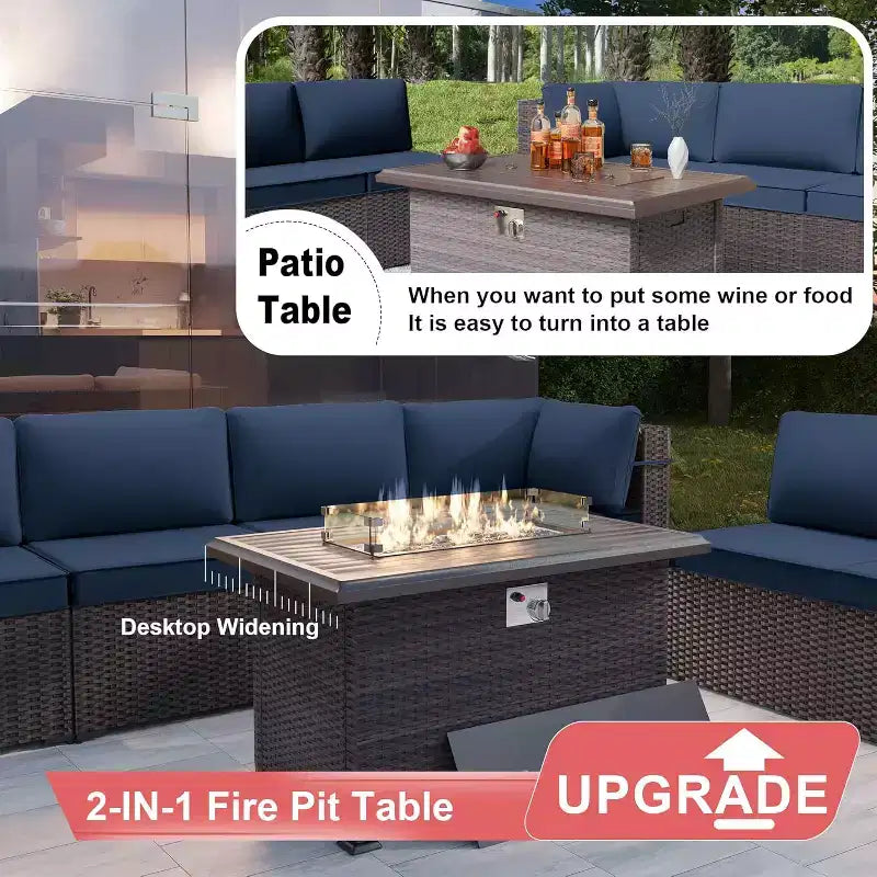 ALAULM Ensemble de mobilier de jardin 14 pièces en rotin, salon de jardin d'extérieur, ensemble de canapés avec table foyer au propane de 43 pouces