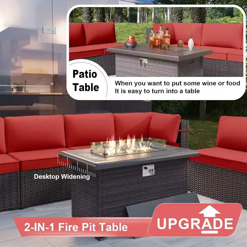 ALAULM Ensemble de mobilier de jardin 14 pièces en rotin, salon de jardin d'extérieur, ensemble de canapés avec table foyer au propane de 43 pouces