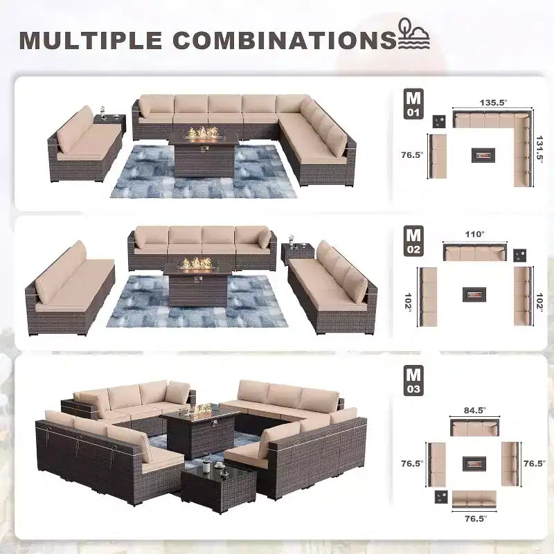 ALAULM Ensemble de mobilier de jardin 14 pièces en rotin, salon de jardin d'extérieur, ensemble de canapés avec table foyer au propane de 43 pouces