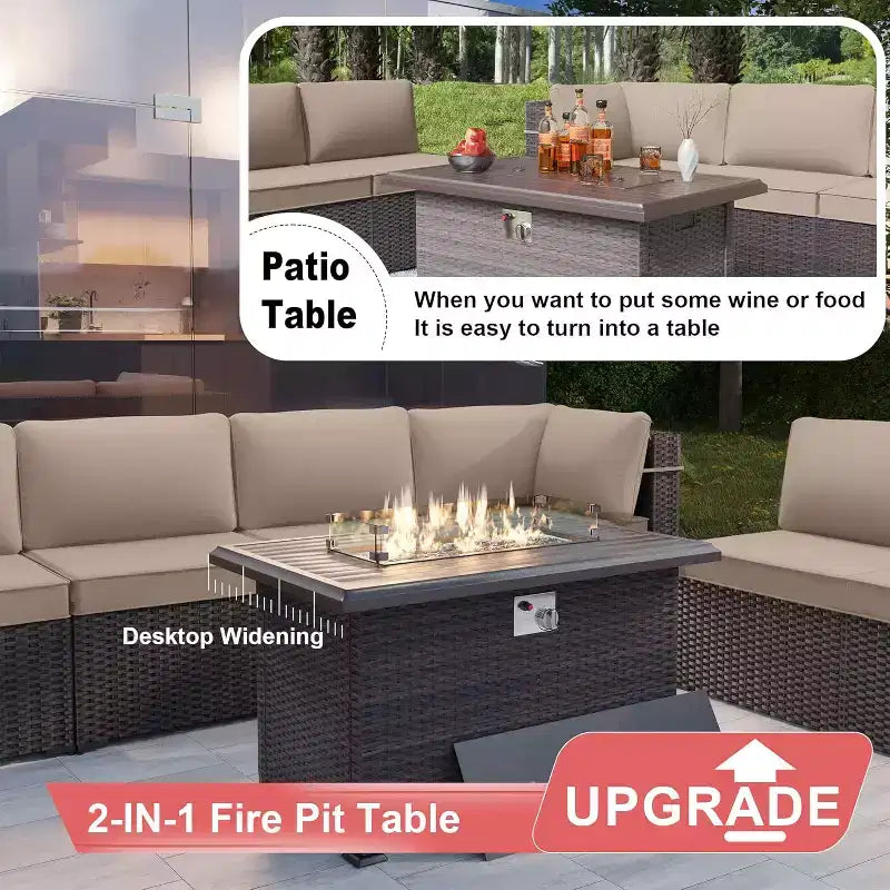 ALAULM Ensemble de mobilier de jardin 14 pièces en rotin, salon de jardin d'extérieur, ensemble de canapés avec table foyer au propane de 43 pouces