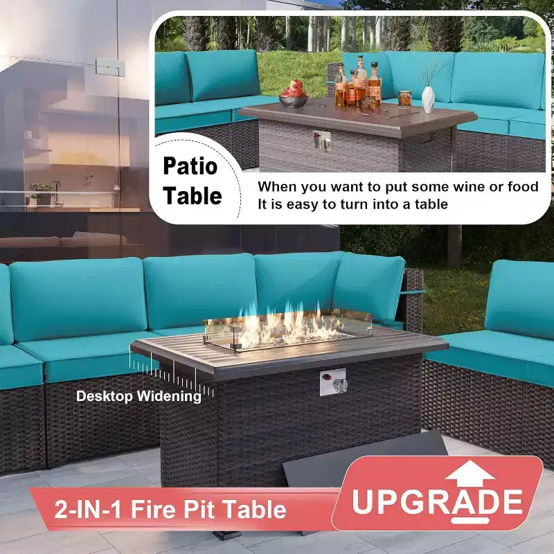 ALAULM Ensemble de mobilier de jardin 14 pièces en rotin, salon de jardin d'extérieur, ensemble de canapés avec table foyer au propane de 43 pouces