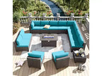 ALAULM 14 Pieces Patio Furniture Set, Rattan Wicker Outdoor Conversation Sets, Furniture Sofa Set w/43in Propane Fire Pit Table