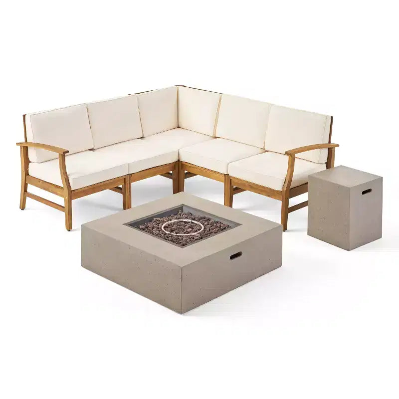 GDFStudio Biella Ensemble de canapé sectionnel d'extérieur 5 places en bois d'acacia avec foyer