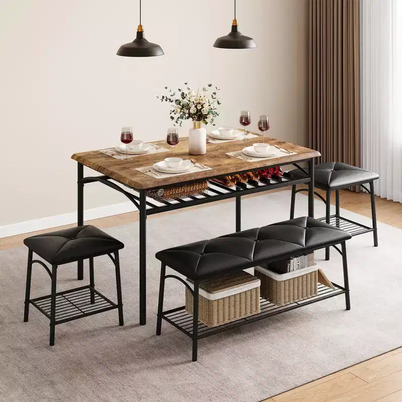Ensemble Table et Chaises de Salle à Manger CuisinSmart pour 4, avec Banc Rembourré et 2 Tabourets Carrés, avec Étagères de Rangement, Ensemble de Meubles de Salle à Manger pour Petits Espaces